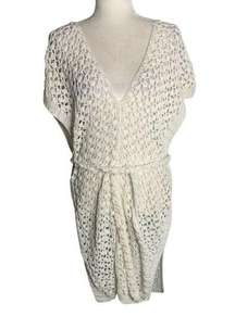 Handmade Loose Knit Cover Up Poncho One Size White V Neck Tie Belt Open Sides