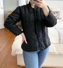 Vintage Plum Blossoms Embossed Black Satin Frog Closure Jacket