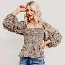 Floral Paisley Smocked Balloon Puffy Sleeve Peplum Top