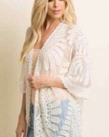 Beautiful sheer Lace Embroidered Kimono Duster Swim Coverup Boho Western Small