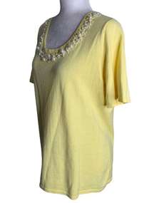 Quacker Factory Beaded Short Sleeve Sweater M Yellow Stretch Knit Pullover
