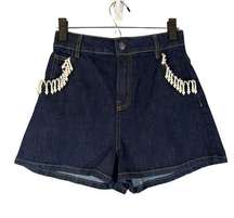 Leandra Medine X Mango Blue Dry Indigo Beaded Denim Jeans Shorts Women Sz 2