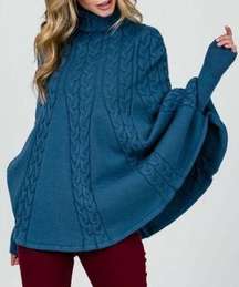 SWEET‎ GENERIS Blue Cable-Knit Poncho Sweater S/M