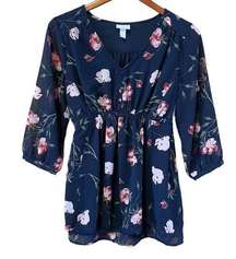 Isabel Maternity Navy Floral 3/4 Sleeve Babydoll Blouse Size Small