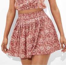 Pink Floral Cotton Linen Pleated Mini Skirt NEW