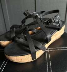 Eileen Fisher Array Black Strappy Cork Wedge Platform Sandals Size 8