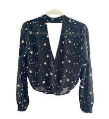 Lovers + Friends Black, Silver & Gold Star Print Cropped Blouse Back Cutout Sz S