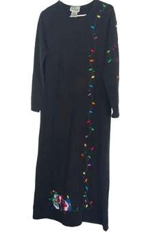 Quacker Factory Maxi Dress Sz M Christmas Light Snow Man Long Sleeve Black