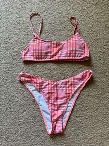 Coral Colored Plaid Swimsuit Set