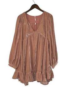 Free People Velvet Estella Mini Dress Size L NWT V-Neck in Pink