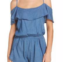 Bikini Lab blue romper short top set outfit large New NWT off shoulder