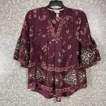 Knox Rose Womens Burgundy Floral Boho Chic Peasant Blouse - Size Small - Cottage