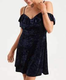 AMERICAN EAGLE Blue Crushed Velvet Off The Shoulder Babydoll Dress