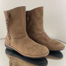 Tan Nubuck Leather Suede O Waho Whipstitch Tassel Slip On Mid Calf Boots