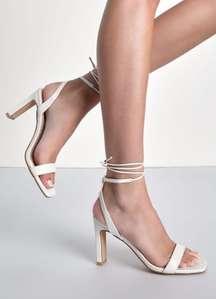 White Square Toe Lace-Up High Heel Sandals