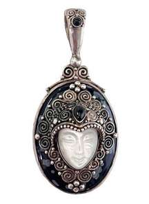 925 Silver Sajen Goddess Face Mother of Pearl PENDANT Black Obsidian Onyx Gems