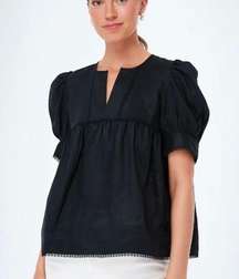 Tuckernuck After Hours Indra Linen Puff Sleeve Blouse in Black NWT Size Small