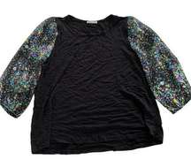 Cha Cha Vente Shirt Women Medium Black Floral Sheer Puff Sleeve Round Neck Rayon