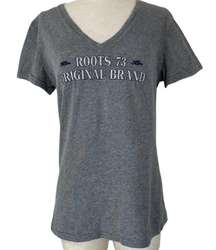 Roots embroidered heather gray v-neck T-shirt, medium short sleeve cotton tee