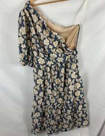 NSR Prairie NAVY & CREAM One Shoulder FLORAL LACE Ruffle MIDI DRESS small