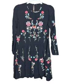 Chic Wish Women's Relaxed Floral Embroidered Black Drop Swing Dress Tunic Sz M