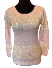 Hot Kiss Y2K Pink White Sequin Sparkle Fuzzy Barbie Long Sleeve Knit Sweater Top