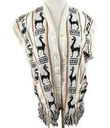 Vintage Artisan Made Alpaca Print Fringe Souvenir Vest M