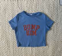 blue and dark orange graphic baby tee