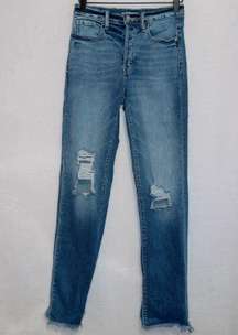 Willow & Root Light Wash Denim Frayed Hem High Rise Button Fly Mom Fit Jeans 