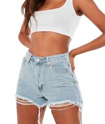 MISSGUIDED Light Blue Extreme Rip Hem High Waist Denim Shorts Size 12