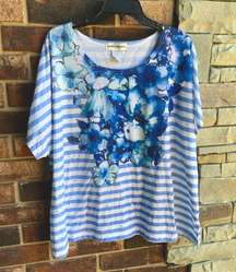 Blue White Floral Striped Top 3X