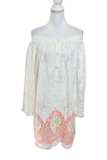 Hemant & Nandita Off Shoulder Mini Lace Dress White Orange Scallop Womens Size M