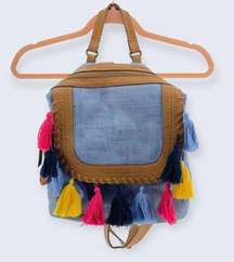 Light Blue Denim Brown Trim Backpack Multicolor Tassels Large