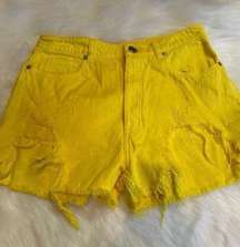 Zara Women's Yellow Distressed Denim Shorts - Size 10