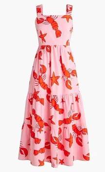 J Crew factory Squareneck tiered starfish and lobster print midi dress pink sz 4