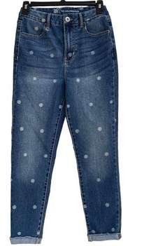 NoBo Juniors SZ 7 Cuffed Crop Jeans High-Rise Floral Print Stretch Pockets Blue