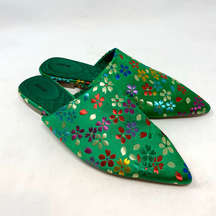 Jason Wu Green Metallic Floral Print Satin Slipper Mules Size US 7