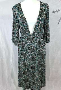 Ivy Jane deep vneck aqua and mocha geometric print midi dress size medium