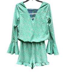 Judith March Turquoise Floral Bell Sleeve Romper S