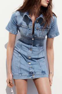 Dress mini denim jeans button up collar casual short sleeve