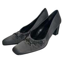 Vintage Sesto Meucci Black Beaded Dress Pumps Grey Fabric Embroidery Womens 8.5