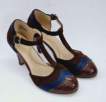 Chase + Chloe Kimmy Brown & Blue Suede Patent  T-Strap Ankle Strap Heels Size 8