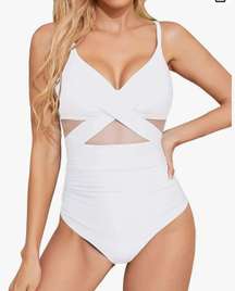 Women One Piece Tummy Control Swimsuits Push Up Bathing Suits Cutout Mesh Front Cross Swimwear