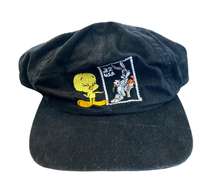 Vintage 1997 Looney Toons "Stamp Collection" Distressed Snap Back Baseball Hat in Washed Black 🔥