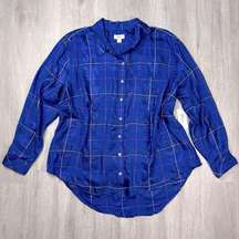 Women's Plus Size Metallic Blue Plaid Button Down Shirt 2X