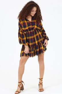 NEW! Boho Preppy Plaid Mini Dress Fringe Bottom Long Sleeve