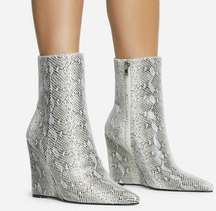 SILVER SNAKE PRINT WEDGE HEEL ANKLE BOOT