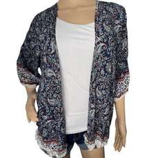 Kori America Paisley Patterned Short Sleeve Kimono With Fringe Hemming