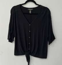 Style&Co Short Sleeve Black Button Down Front Tie Top Sz PL