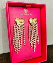 house of harlow heart hammered gold colored fringe drop glass pearl earrings new